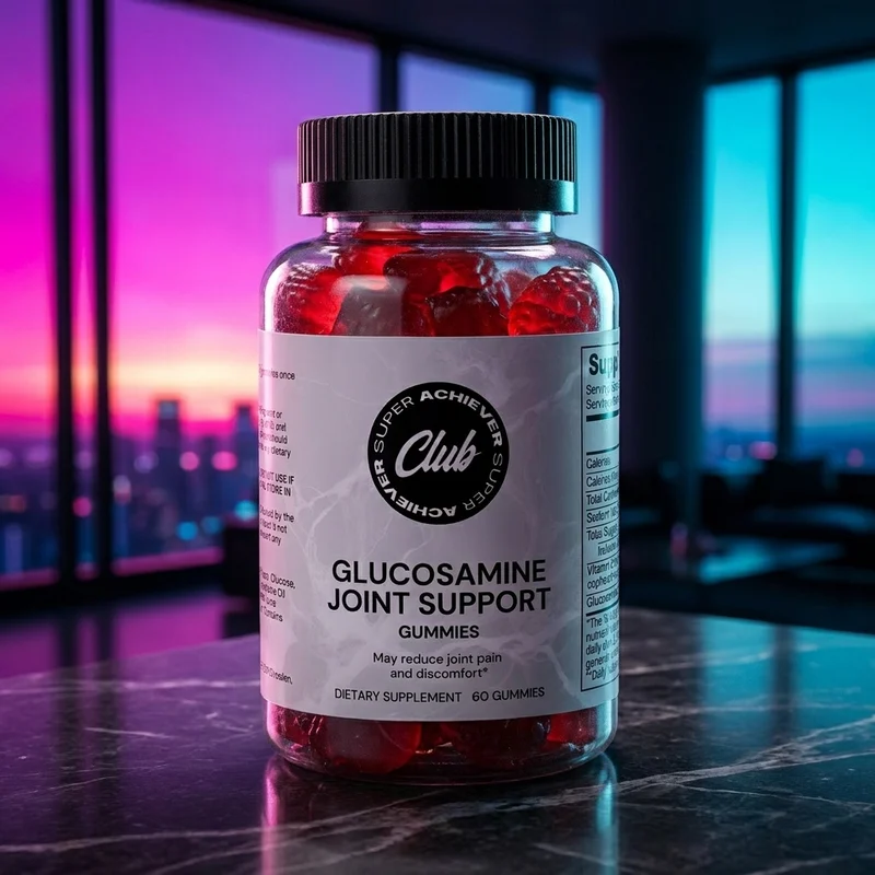 Super Achiever Club Glucosamine Joint Support Gummies bottle in a dark-luxe penthouse