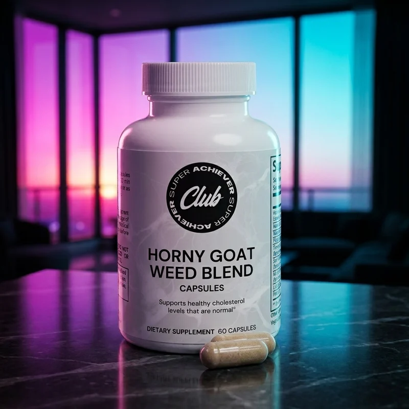 Super Achiever Club Horny Goat Weed bottle in a dark-luxe penthouse