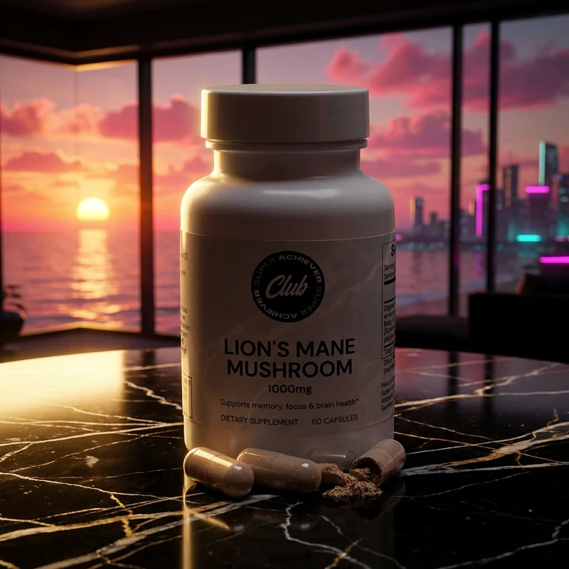 Super Achiever Club Lion's Mane bottle in a dark-luxe penthouse