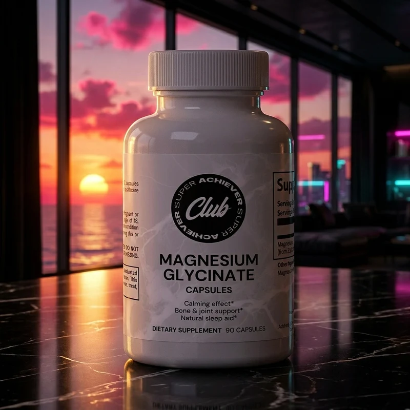 Super Achiever Club Magnesium Glycinate bottle in a dark-luxe penthouse