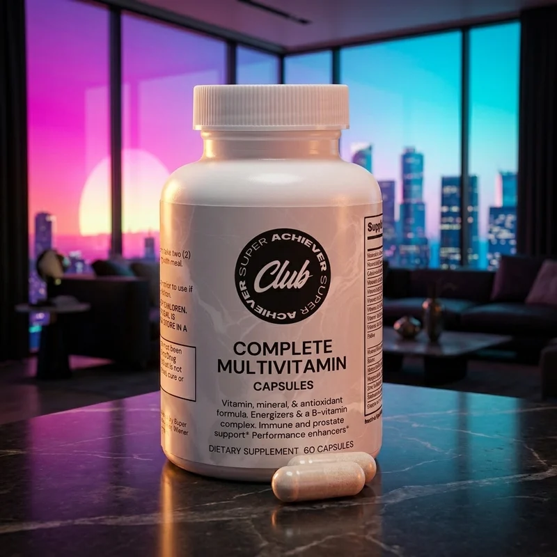 Super Achiever Club Complete Multivitamin bottle in a dark-luxe penthouse