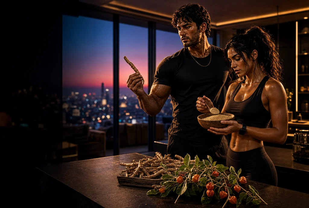 Two Super Achievers in a dark-luxe penthouse at dusk — ashwagandha, the most-studied adaptogen for stress, sleep and recovery