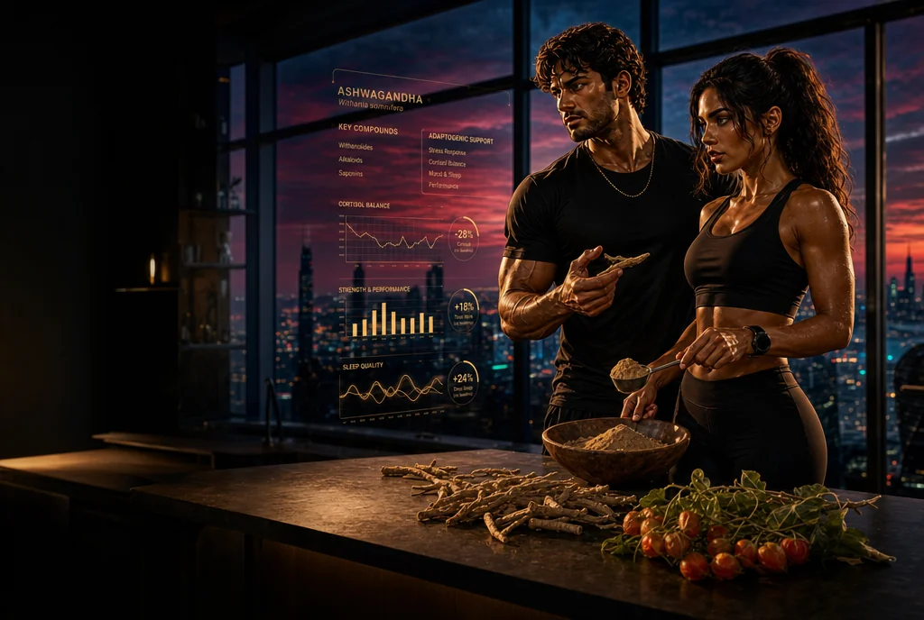 Two Super Achievers in a dark-luxe penthouse at dusk — the complete ashwagandha data report