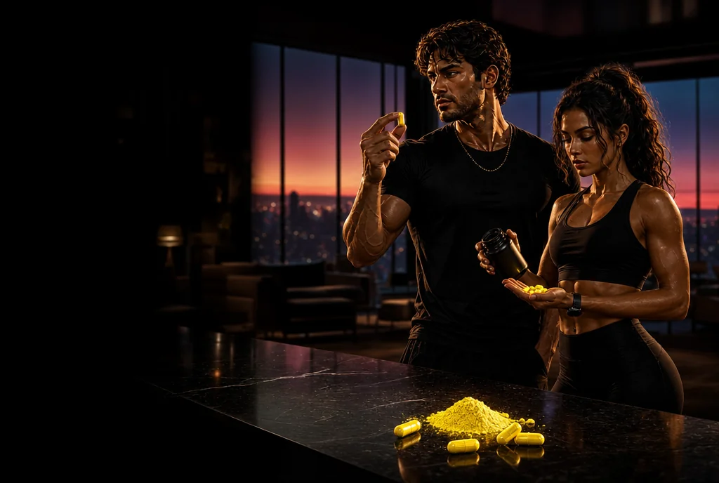 Two Super Achievers in a dark-luxe penthouse at dusk — berberine, the AMPK-activating 'natural metformin' for blood sugar and lipids