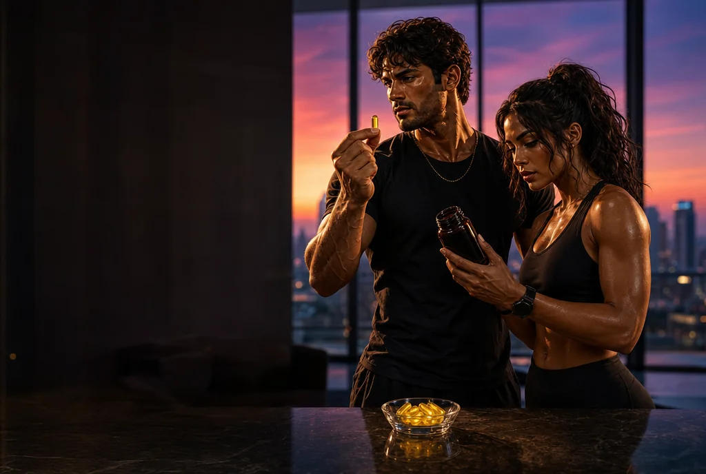 Two Super Achievers inspecting bright-yellow berberine capsules in a dark-luxe penthouse — the honest safety picture, checked against the evidence
