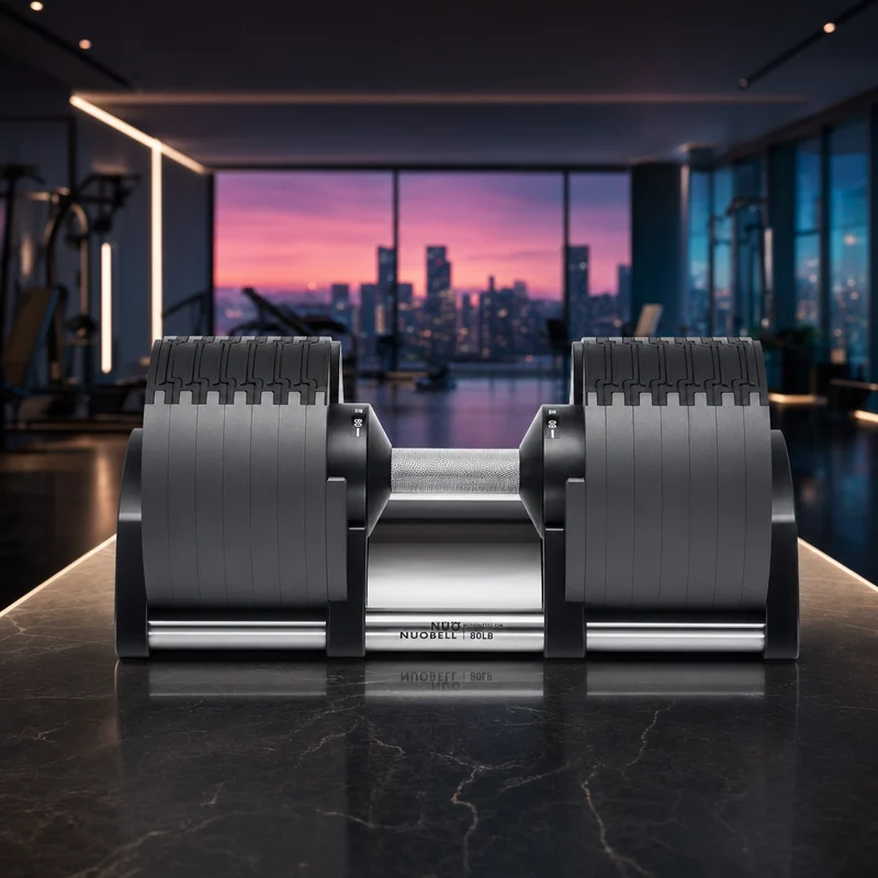 NÜOBELL 80 lb adjustable dumbbell with knurled steel handle and round all-metal plates, on its cradle — from Amazon listing