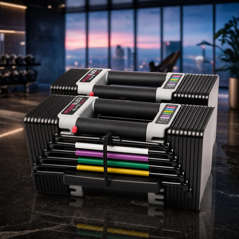 PowerBlock Elite EXP adjustable dumbbells, compact welded-steel cage block with selector pin, pair — from Amazon listing