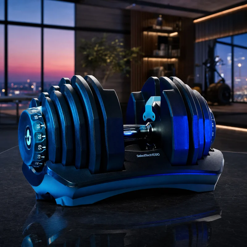 BowFlex SelectTech 1090 adjustable dumbbells, large dial bells reaching 90 lb, pair — from Amazon listing