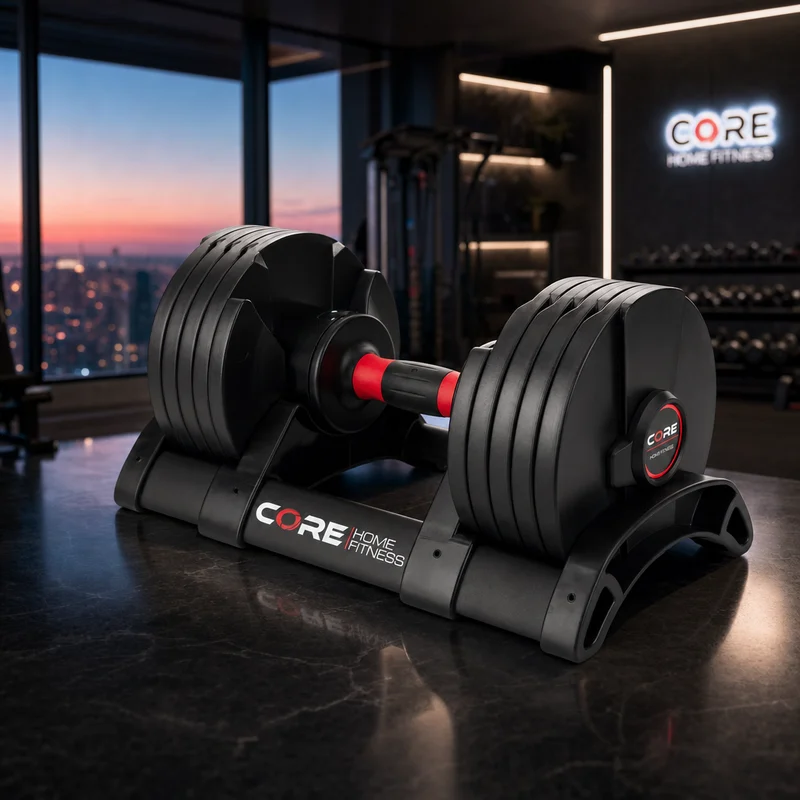 Core Home Fitness adjustable dumbbell with contoured grip and thin rounded coated-metal plates in its cradle, pair — from Amazon listing