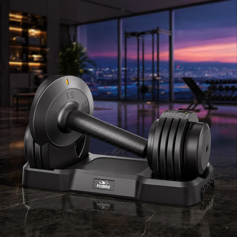 FLYBIRD adjustable dumbbell, 55 lb single, with anti-slip handle and nylon-coated plates in a plastic tray — from Amazon listing