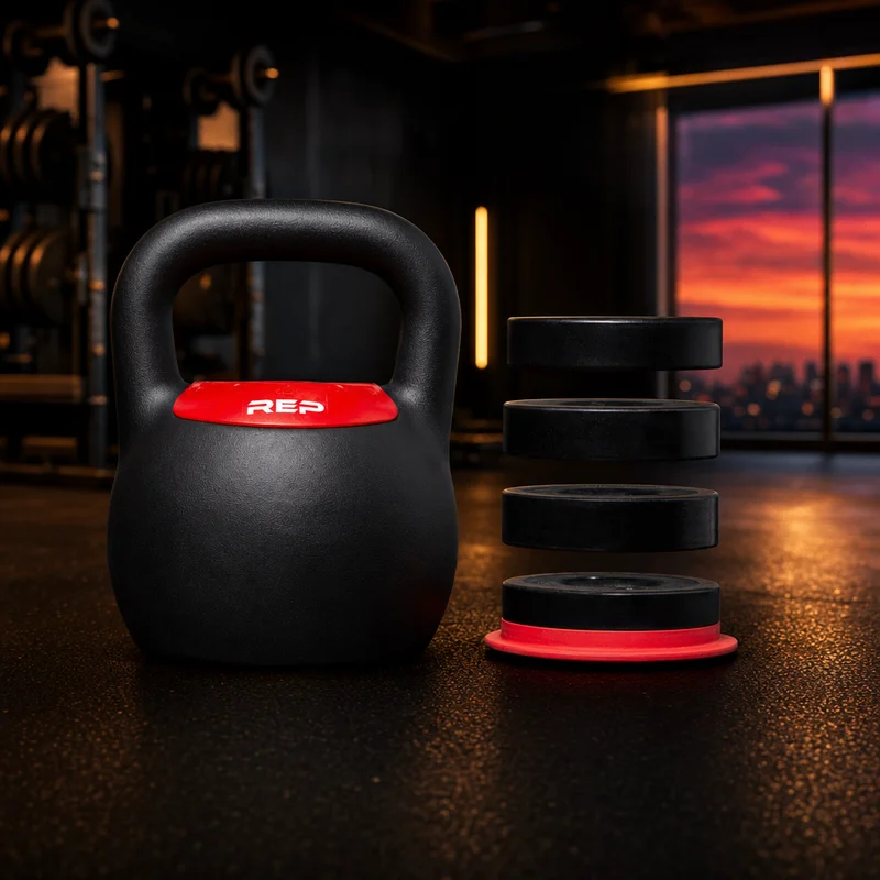 REP Fitness adjustable kettlebell with matte powder-coated steel bell and push-and-twist selector, black — from Amazon listing
