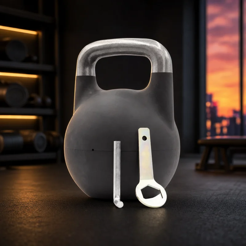 Kettlebell Kings adjustable competition kettlebell, grey steel shell with a 35 mm handle and removable cast-iron plates, 12 to 32 kg — from Amazon listing
