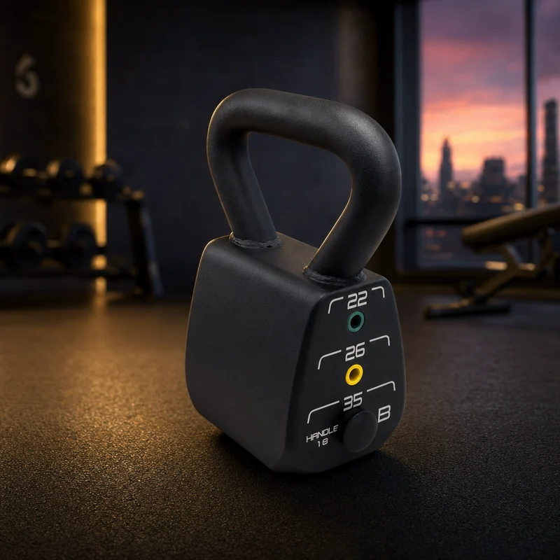 PowerBlock adjustable kettlebell, compact black steel body with a magnetic selector pin and 32 mm handle, 18 to 35 pounds — from Amazon listing