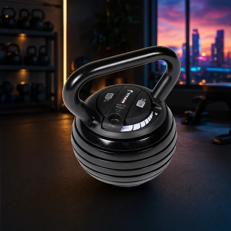 Titan Fitness adjustable kettlebell, black cast-iron with six drop plates and a quick-lock top, 10 to 40 pounds — from Amazon listing