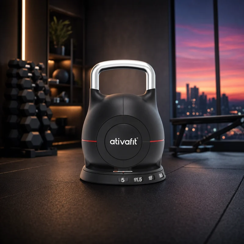 Ativafit 7-in-1 adjustable kettlebell with a solid aluminum handle and black ABS shell, dial adjustment, 5 to 44 pounds — from Amazon listing