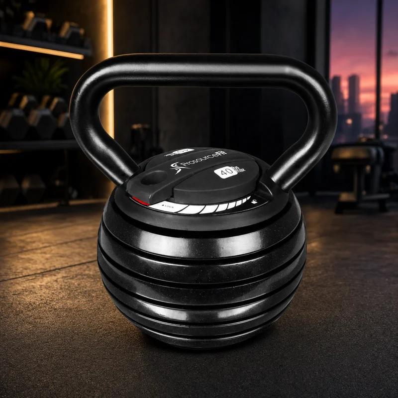 ProsourceFit adjustable kettlebell, compact plastic-bodied bell with a molded handle, on a white background — from Amazon listing