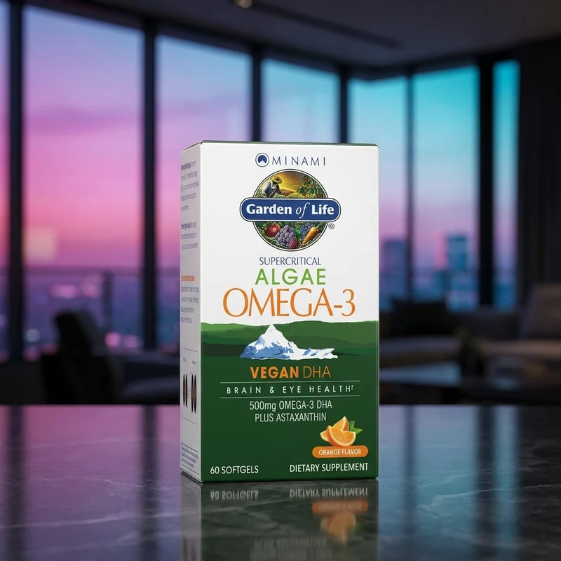 Garden of Life Minami Algae Omega-3 Vegan DHA orange bottle — from the Amazon listing