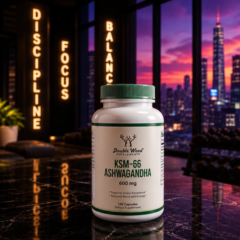 Double Wood KSM-66 Ashwagandha, 600 mg per serving, 120 capsules — bottle in the SAC bedroom scene