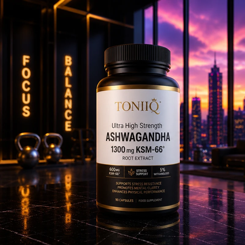 Toniiq Ultra High Strength Ashwagandha, 1300 mg 20:1 extract, 90 capsules — bottle in the SAC bedroom scene