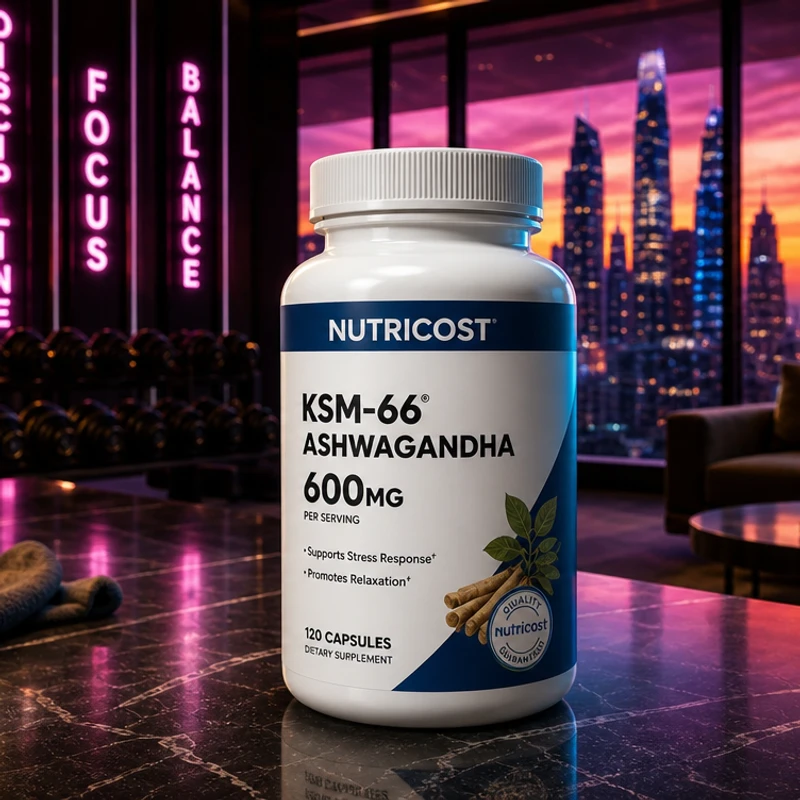 Nutricost KSM-66 Ashwagandha, 600 mg, 60 capsules — bottle in the SAC bedroom scene