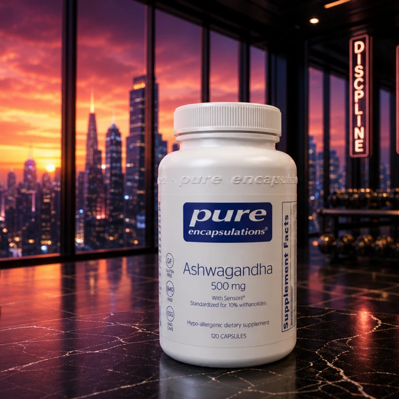 Pure Encapsulations Ashwagandha 500 mg, 60 capsules — bottle in the SAC bedroom scene