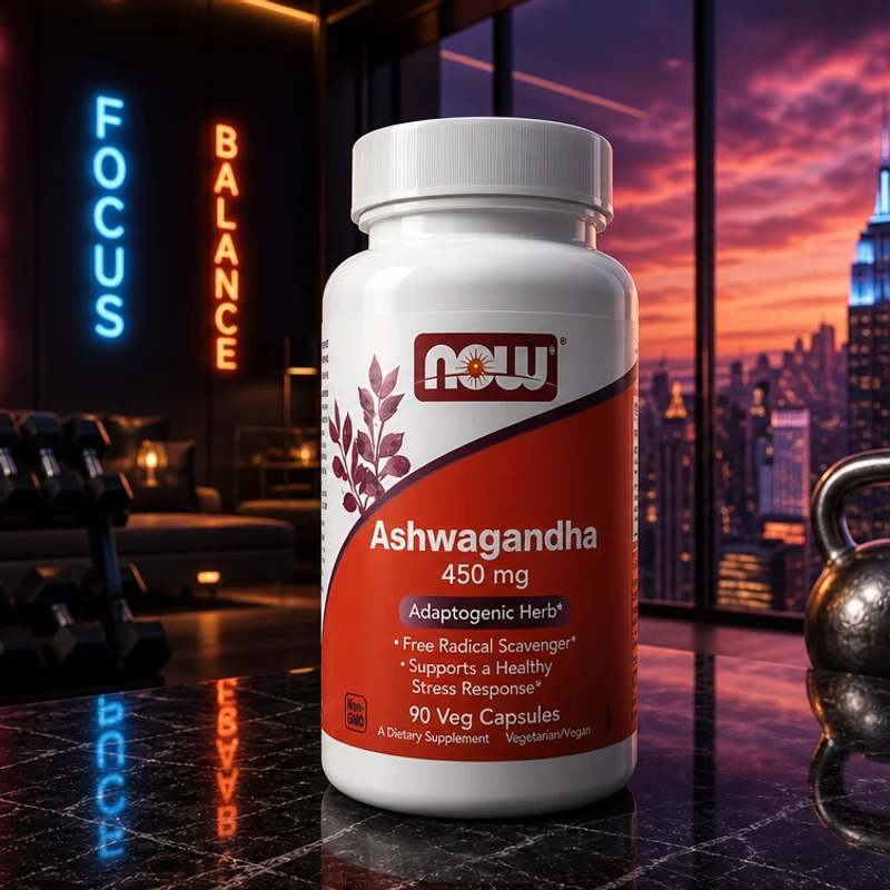 NOW Foods Ashwagandha, 450 mg, 90 veg capsules — bottle in the SAC bedroom scene