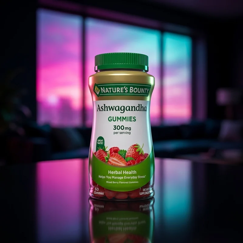 Nature's Bounty Ashwagandha Gummies bottle, mixed berry, 60 count — KSM-66 300 mg