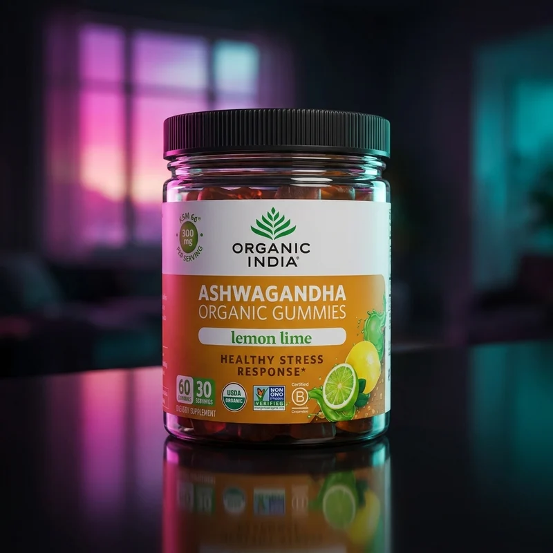 Organic India Ashwagandha Gummies bottle, lemon-lime, 60 count — KSM-66 organic