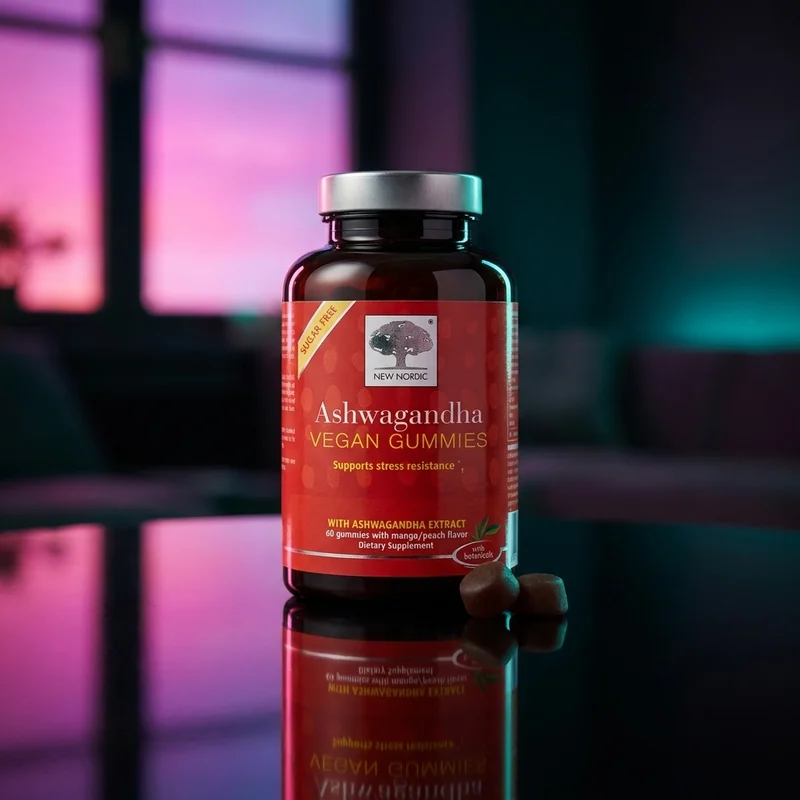 New Nordic Ashwagandha Gummies bottle, mango-peach, 60 count — sugar-free