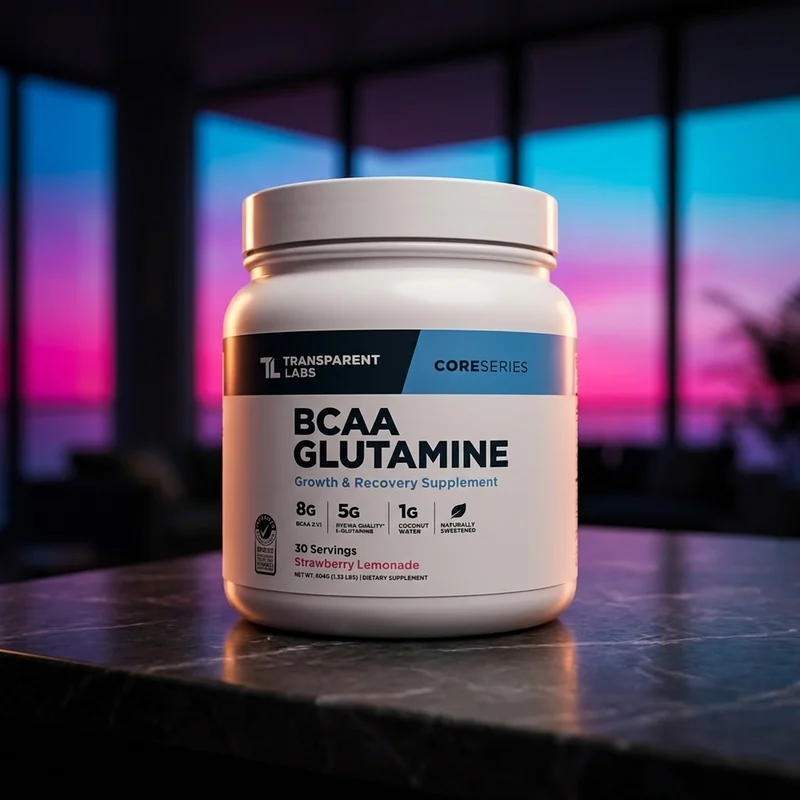Transparent Labs BCAA Glutamine Strawberry Lemonade tub — 8 g BCAA with 5 g glutamine, from Amazon listing