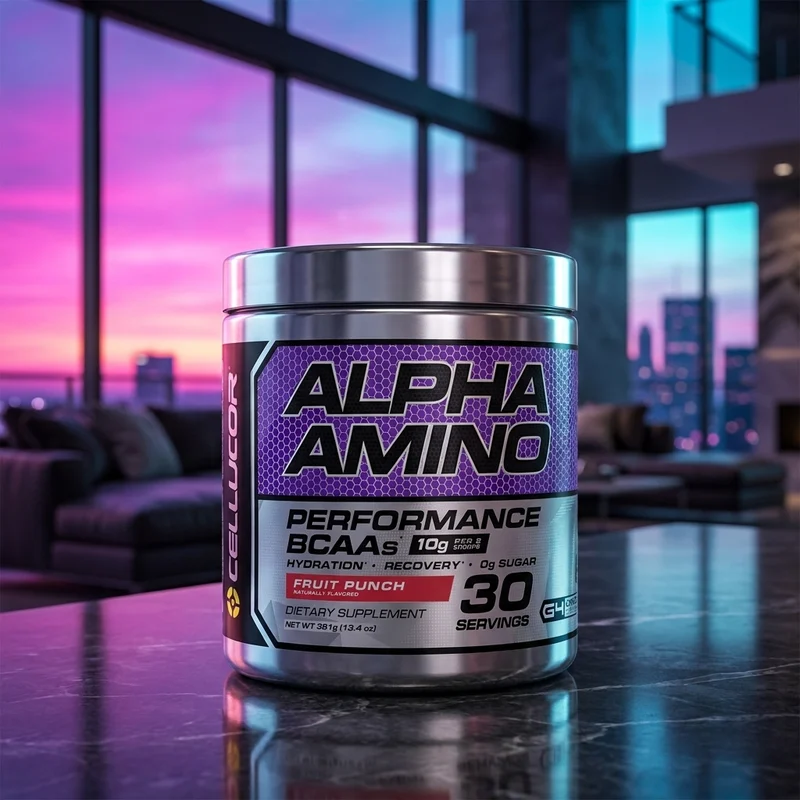 Cellucor Alpha Amino EAA & BCAA Fruit Punch tub — BCAA plus EAA and electrolytes, from Amazon listing