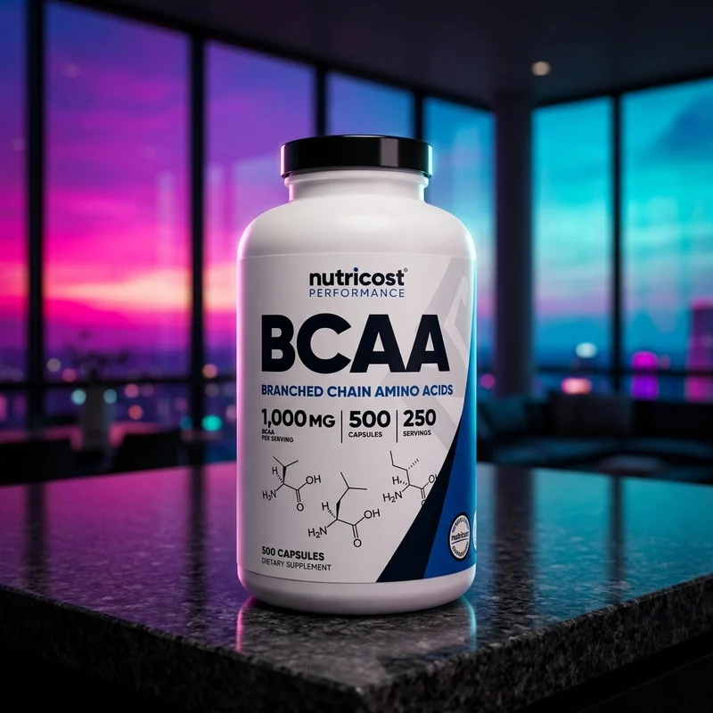 Nutricost BCAA 1000 mg capsules bottle — 2:1:1 BCAA, 500 count, from Amazon listing