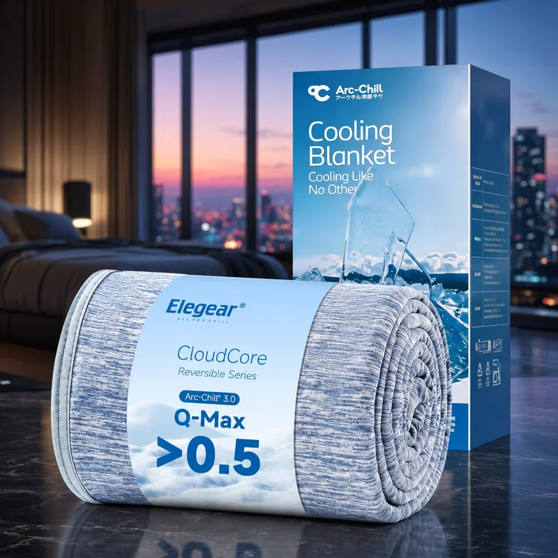 Elegear Arc-Chill 3.0 cooling blanket, blue, draped on a bed — from Amazon listing