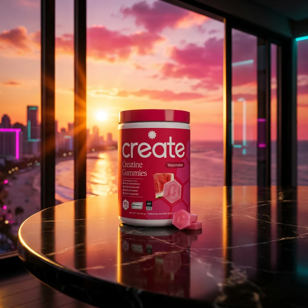 Create Wellness watermelon creatine gummies tub — 90-count, 1.5 g Creapure per gummy, NSF Certified for Sport, in the SAC penthouse scene