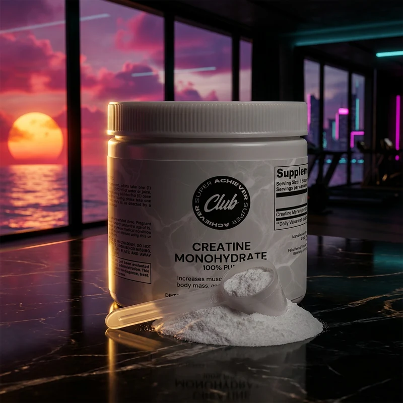 Super Achiever Club Creatine Monohydrate tub with scoop in a dark-luxe penthouse
