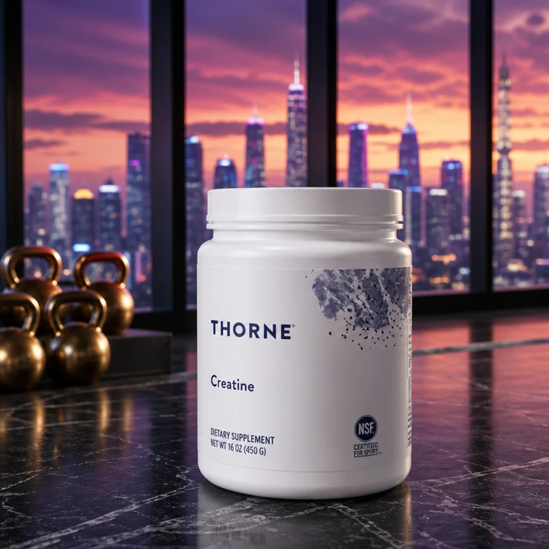Thorne Creatine tub, NSF Certified for Sport — clinical-grade monohydrate in the SAC home-gym scene