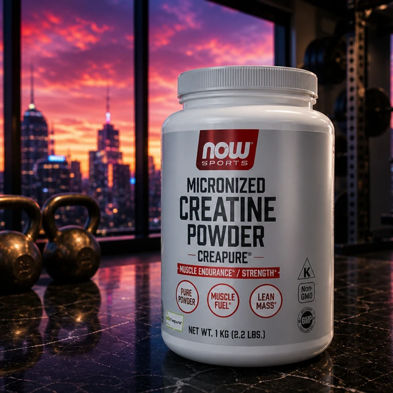 NOW Sports Micronized Creatine Powder, 500 g tub — Creapure-licensed monohydrate in the SAC training-room scene