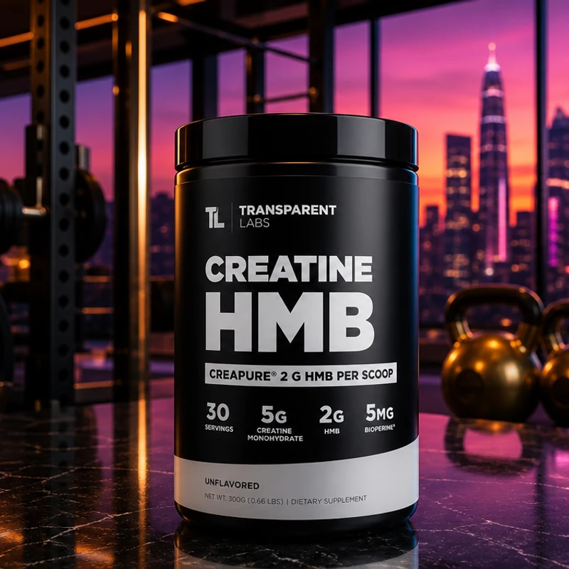 Transparent Labs Creatine HMB tub — Creapure + HMB combo in the SAC training-room scene