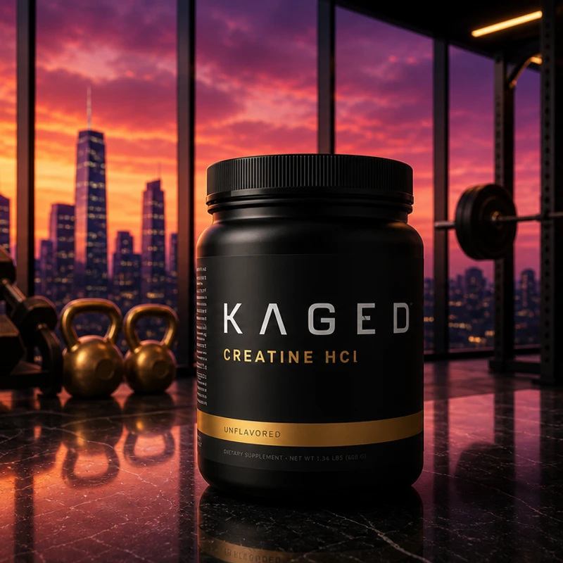 Kaged Creatine HCl bottle — alternative creatine form in the SAC training-room scene