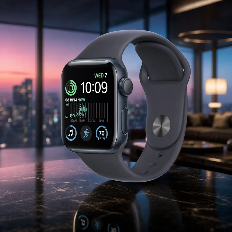 Apple Watch SE (2nd Gen) GPS smartwatch with midnight aluminum case and sport band, color display — from Amazon listing