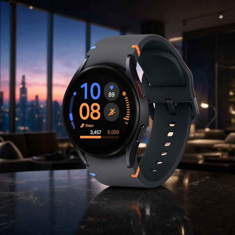 Samsung Galaxy Watch FE smartwatch with circular AMOLED display and sport band, black — from Amazon listing
