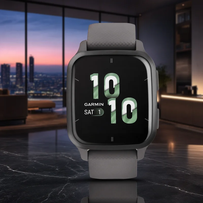 Garmin Venu Sq 2 GPS smartwatch with square AMOLED display and silicone band, slate — from Amazon listing