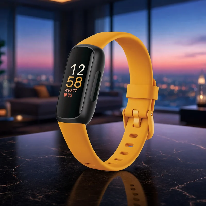 Fitbit Inspire 3 slim fitness tracker band with color touchscreen, morning glow and black — from Amazon listing