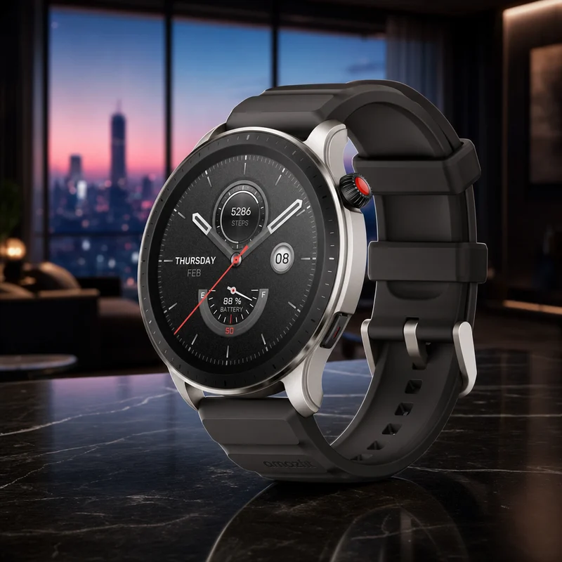 Amazfit GTR 4 smartwatch with round AMOLED display and aluminum bezel, black — from Amazon listing