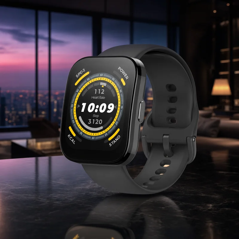 Amazfit Bip 5 smartwatch with large rectangular display and sport band, soft black — from Amazon listing