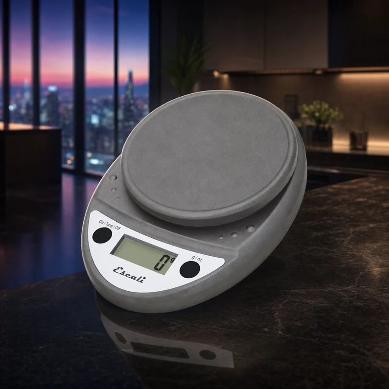 Escali Primo digital food scale, metallic, with rounded sealed body — from Amazon listing
