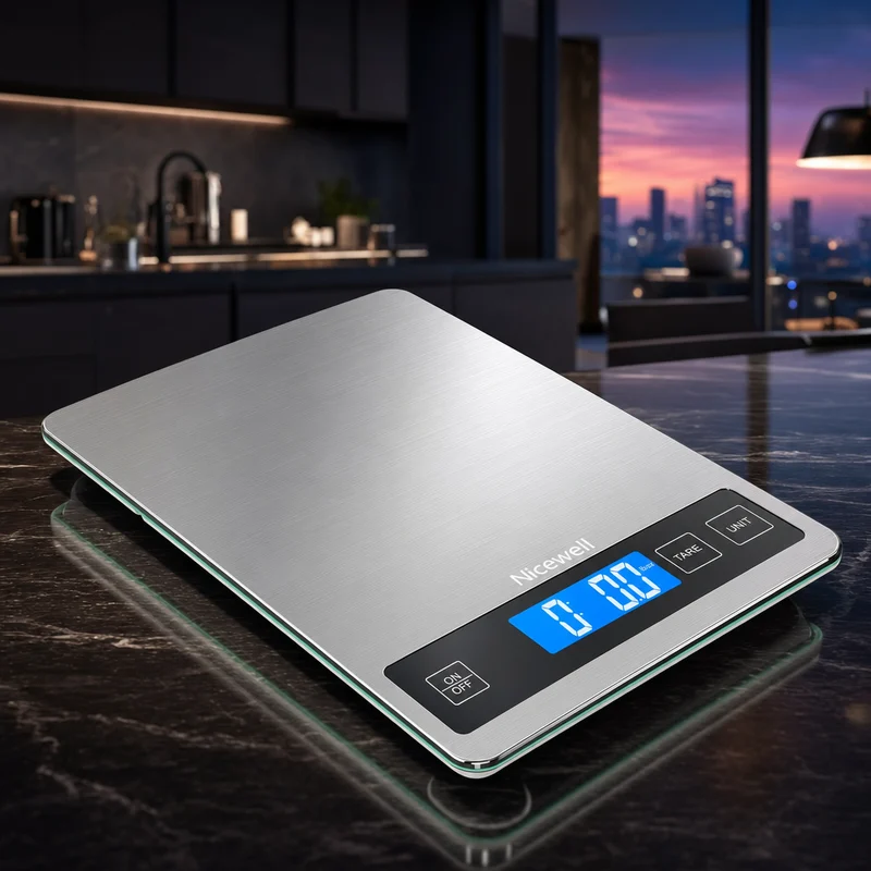 Nicewell 22lb digital food scale with stainless steel and tempered glass platform, large LCD — from Amazon listing