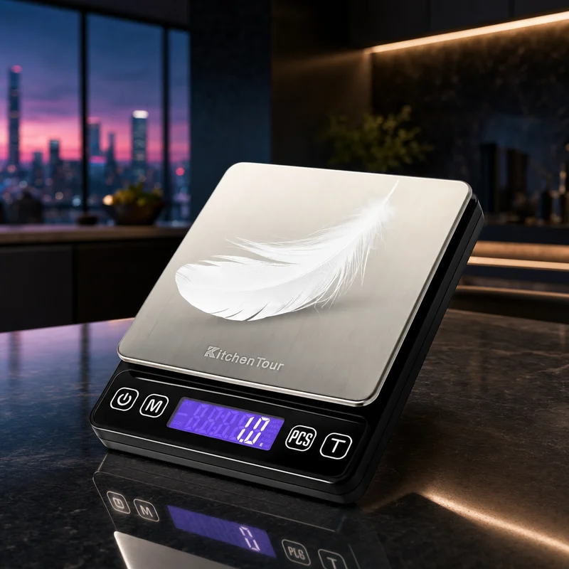 KitchenTour digital kitchen gram scale, 3000g 0.1g, compact stainless-top body with backlit LCD — from Amazon listing