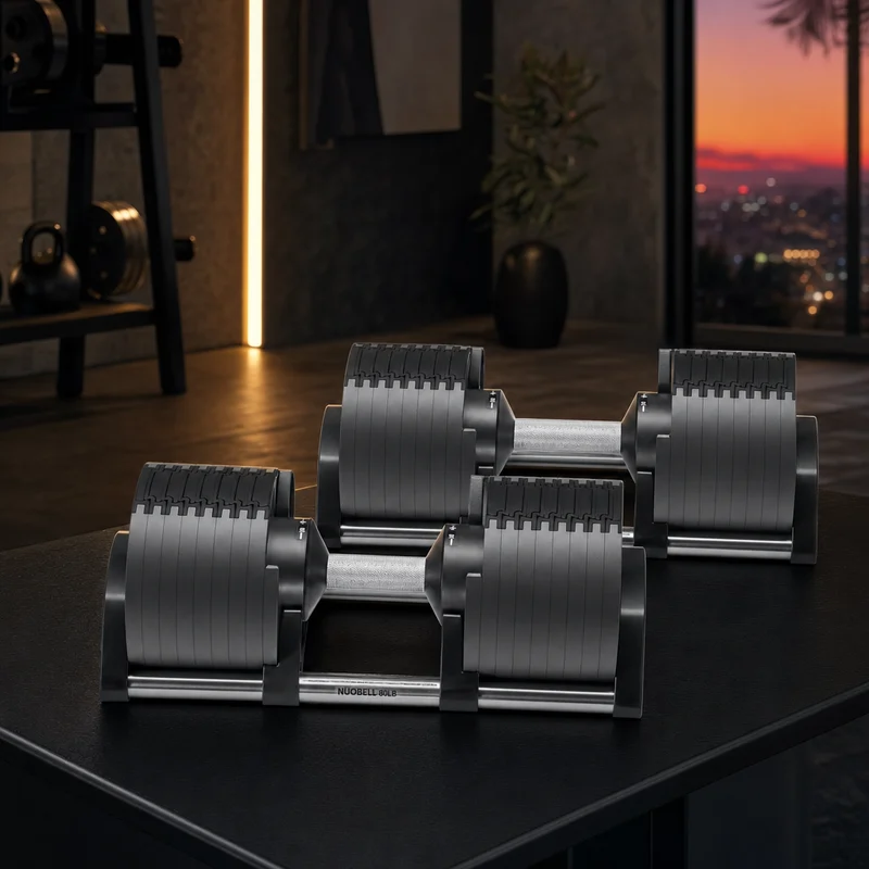 NÜOBELL 80 lb adjustable dumbbell with knurled steel handle and round all-metal plates on its cradle, the cornerstone home-gym piece — from Amazon listing