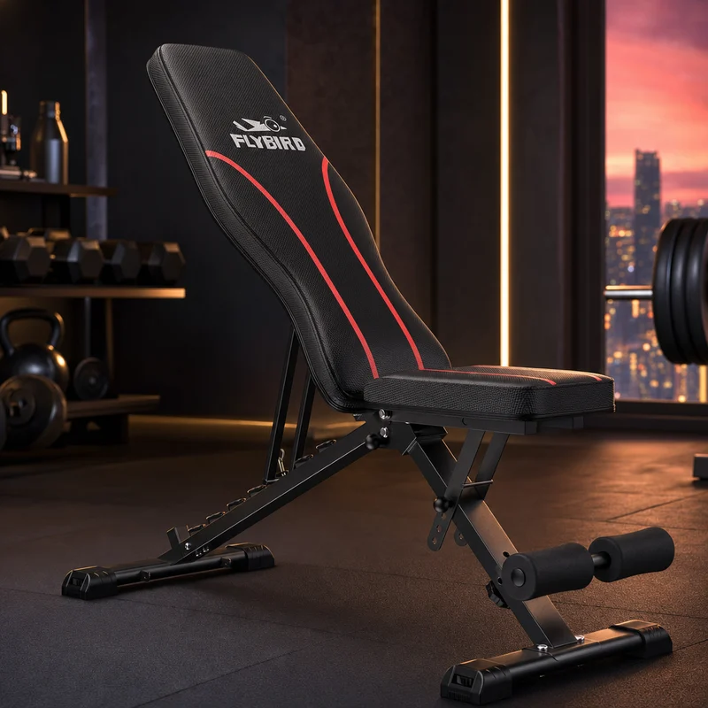 FLYBIRD foldable adjustable weight bench in black with padded seat and multiple incline positions, set up for dumbbell training — from Amazon listing